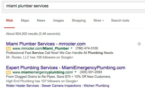 Screenshot of a Google SERP for a Miami Plumber Services Search